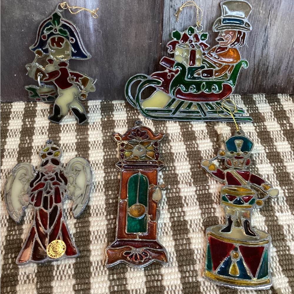 Kurt Adler Stained Glass Holiday 5 Ornaments Window Decor 1979 Angel Clock